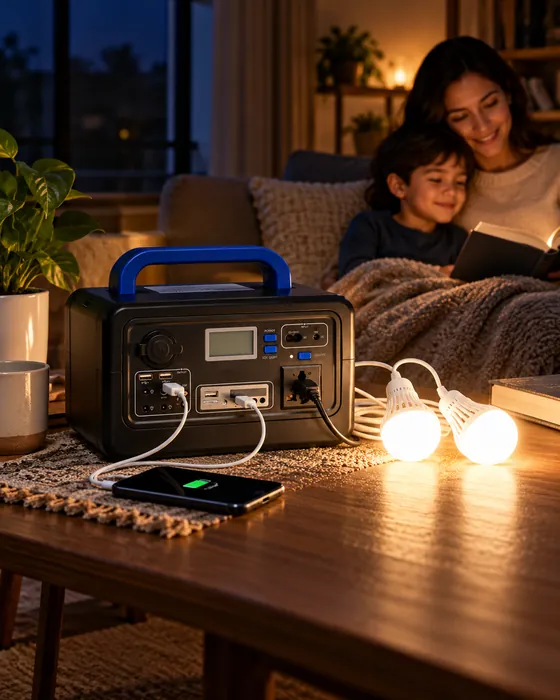Familia leyendo de noche con los bombillos de la mini planta